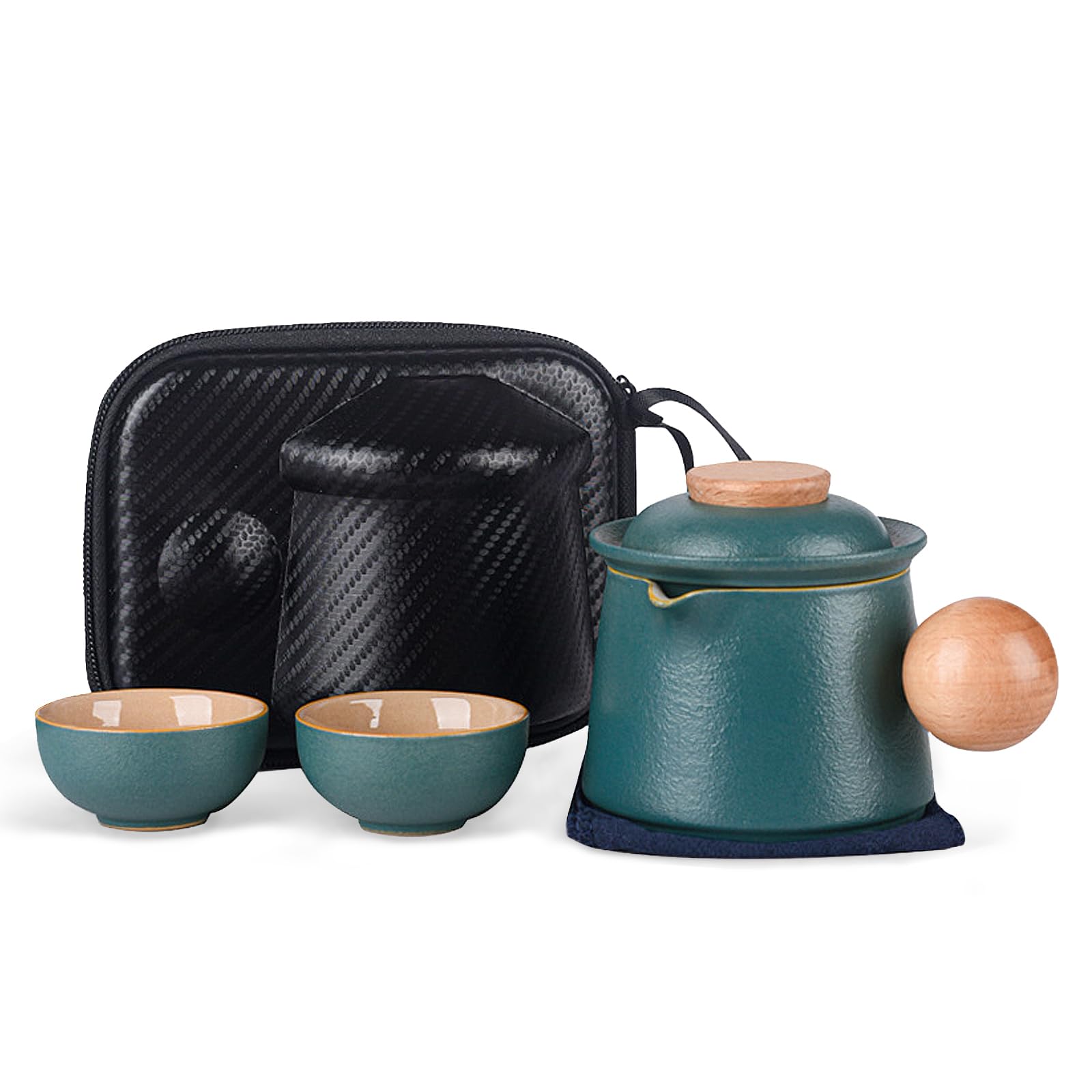 fanquare Porcelain Tea Set Green Mini Portable Travel Tea Set Chinese Kung Fu Teapot with Infuser Storage Bag for Outdoors