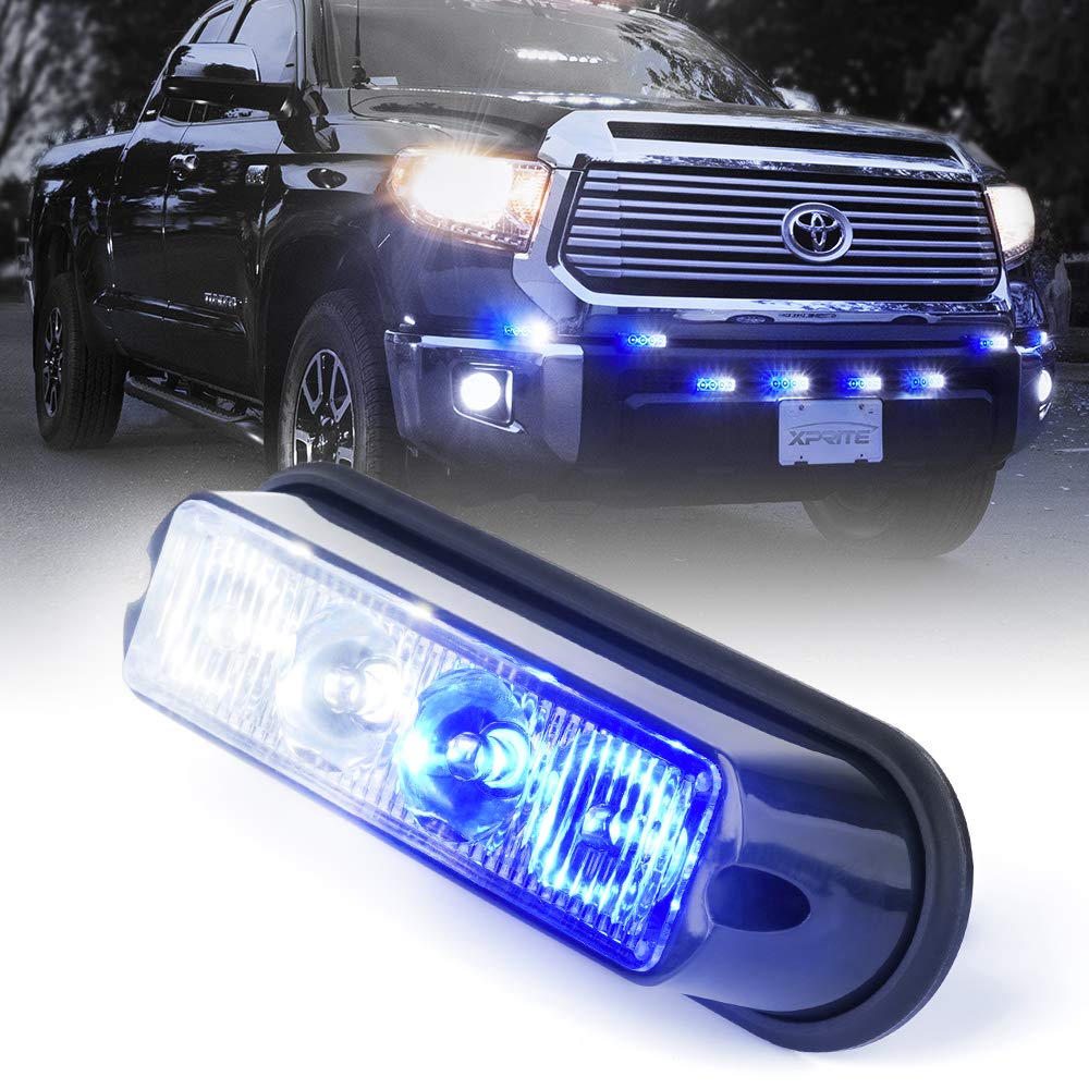 Xprite White & Blue 4 LED 4 Watt Emergency Vehicle Waterproof Surface Mount Deck Dash Grille Strobe Light Warning Police Light Head with Clear Lens