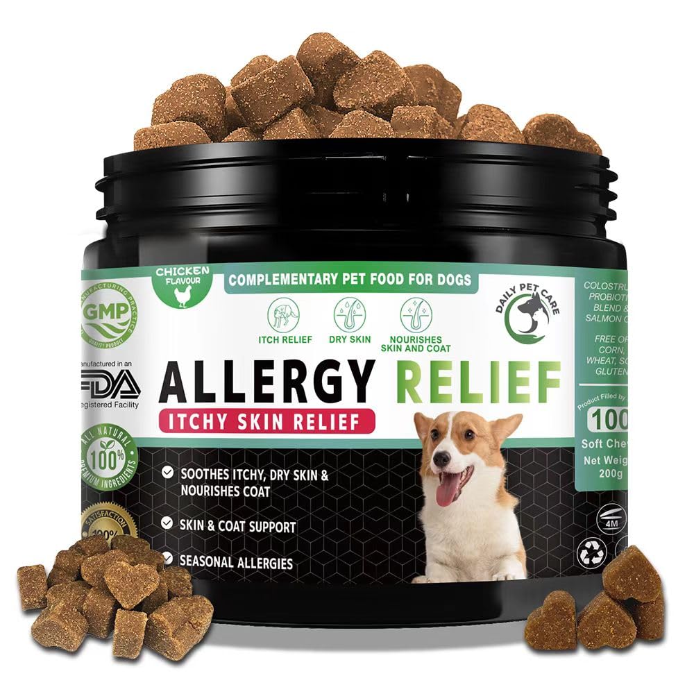 Dog Allergy & Itchy Skin Chews – Omega-3, Probiotics & Colostrum – Natural Hot Spot, Anti-Itch & Coat Support for Small, Medium & Large Dogs – Grain-Free, Vet-Recommended, Allergy Relief Chicken
