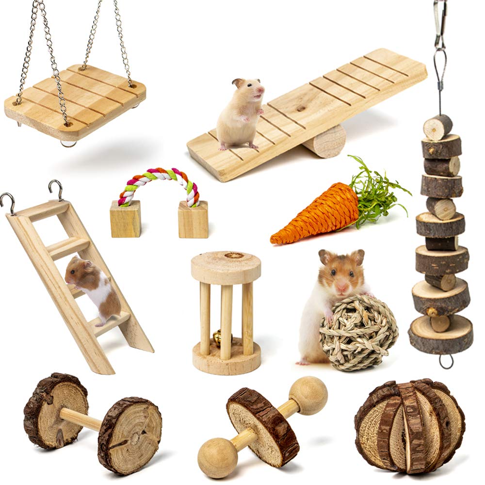 Labeol Hamster Chew Toys Small Animal Boredom Breakers Cage Accessories Pet 11 Pcs Natural Wooden Toys Hamster Ball Swing for Rat Guinea Pig Chinchilla Gerbils Rabbit Parrot Syrian