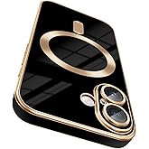 Dinick Designed for iPhone 16 Case with Camera Lens Protector Compatible with MagSafe Soft TPU Bumper Glitter Gold Sides Cover Anti-Scratch Slim Magnetic Case for iPhone 16 Black