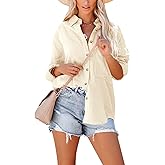 Paintcolors Women's Button Up Shirts Roll-Up Sleeve Cotton Blouses V Neck Casual Tunics Solid Color Tops with Pockets