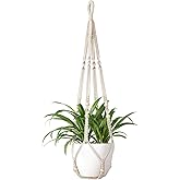 Mkono Macrame Plant Hanger Indoor 35 Inch Hanging Planter Basket Ivory 1Pc | Hanging Plant Holder with Decorative Wood Beads, No Tassels, Boho Home Decor, Indoor &amp; Outdoor Use, Flower Pots Not Included