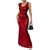 SHENHE Women's Sexy Open Back Shiny Metallic Maxi Dress Cowl Neck Bow Bodycon Cocktail Party Dress