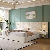 Olodumare Luxurious King Platform Bed Frame, Velvet Upholstered Headboard with 2 Built-in Wall Sconces &amp; Nightstands, Sturdy Metal &amp; Solid Wood Frame, Squeak-Free, No Box Spring Needed, Beige White