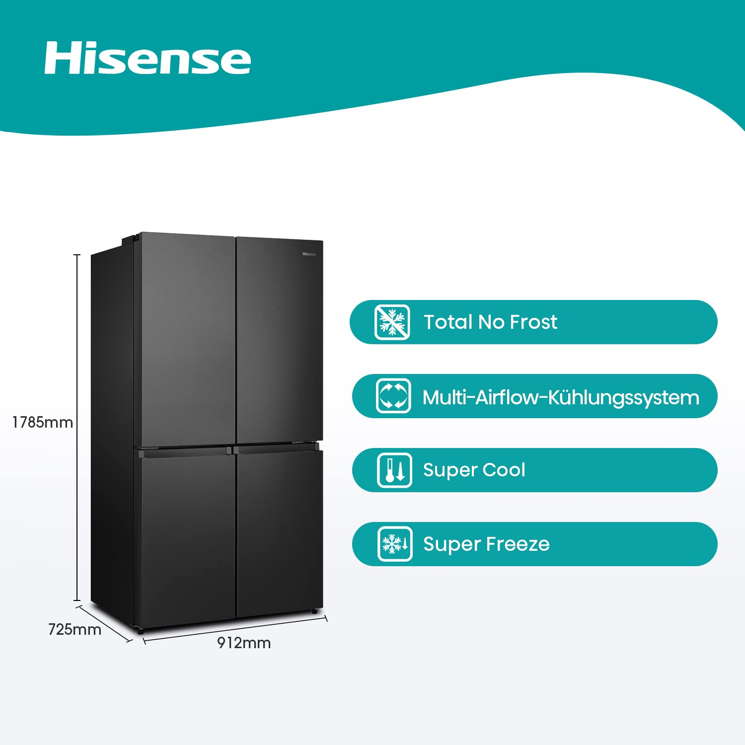 Hisense RQ758N4SAFE Cross Door Kühl-Gefrierkombination/NoFrostPlus/Inverter-Kompressor/Multiflow 360°/ SuperCool/ 178,5 cm/Kühlteil 393 l/Gefrierteil 216 l/ 40 dB/ 320 kWh/Jahr/schwarz 2