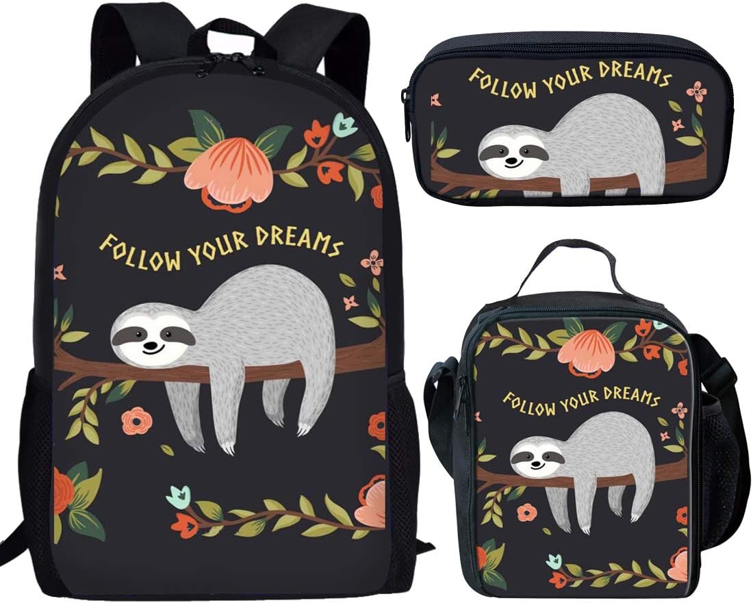 Dzulife Kawaii Sloth School Backpack Teen Girls Schoolbag Set with Lunch Bag Pencil Case Elementary School Bags Bookbag Floral Black 3 Pieces