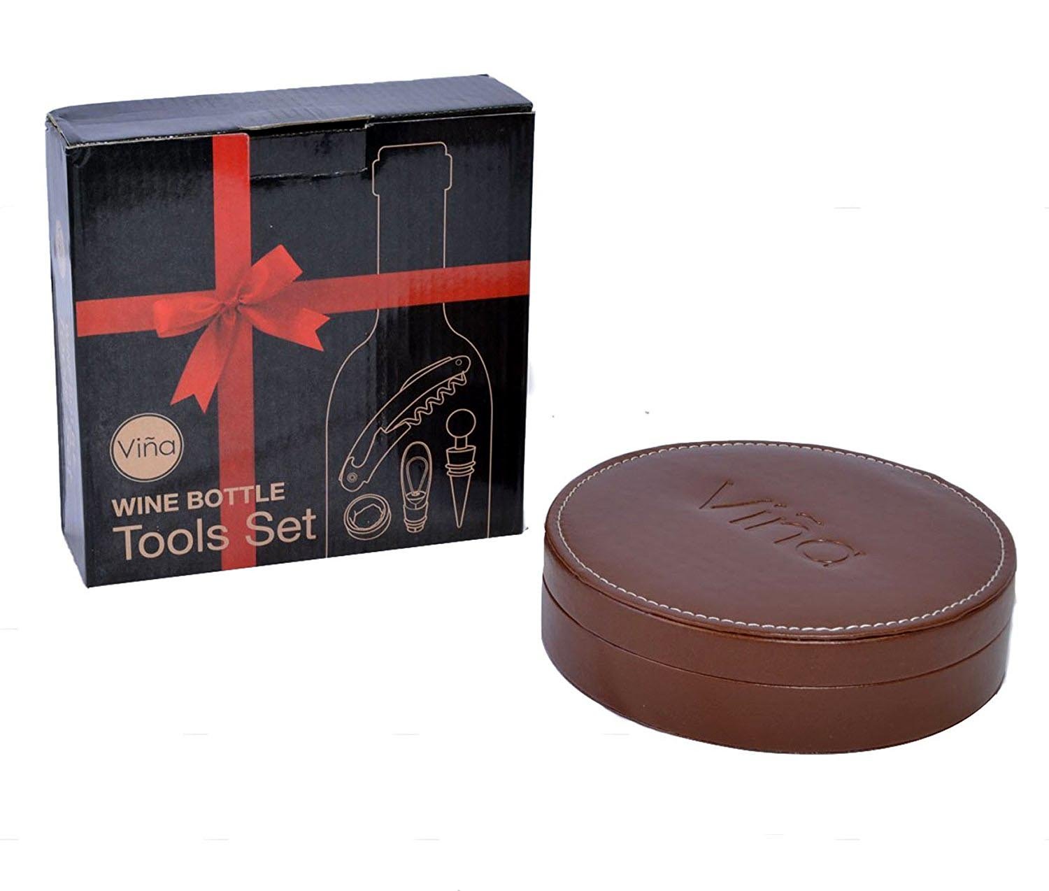 Vina Wine Opener Gift Set, 4 Pieces Wine Bottle Accessory Kit Includes: Stainless Steel Wine Corkscrew, Drop Ring, Wine Pourer, Wine Stopper, Arranged In a Elegant Box, Brown