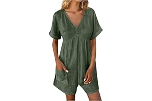 WKSCLPAI Rompers For Women Summer Short Sleeve Short Jumpsuits Casual Loose Linen Shorts Vacation Beach Overalls With Pockets