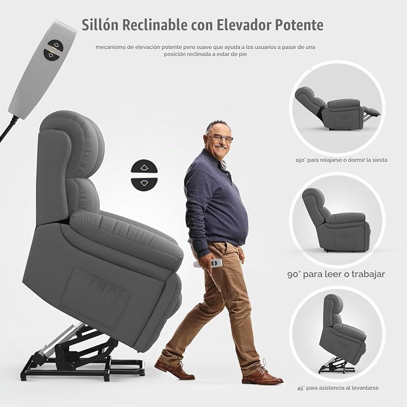 Sillón Relax Reclinable para Personas Mayores, con Masaje y Calor, Reposapiés Extensible, Puertos USB tipo C+, Portavasos Ocultos y dos bolsillos laterales,Reclinable Extragrande tipo Sofá para salón