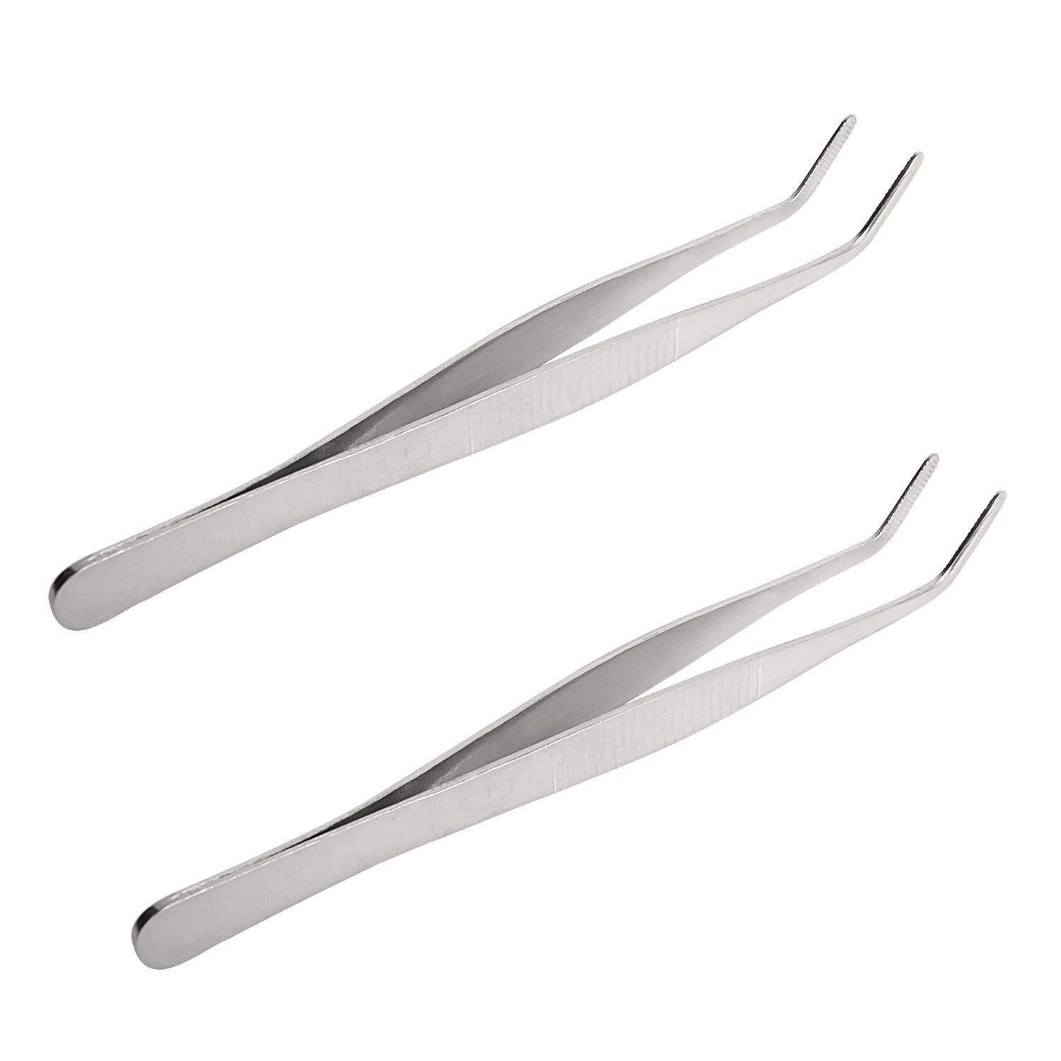 Aoje Link Stainless Steel Curved Tweezers with Serrated Tip, 2pcs, Silver