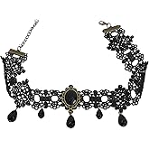 Nextpal Gothic Choker Necklace, Black Lace Choker with Crystal Pendant for Women, Witch Style Adjustable Collar Gothic Halloween and Vampire Themed Vintage Thick Neck Jewelry Accessories