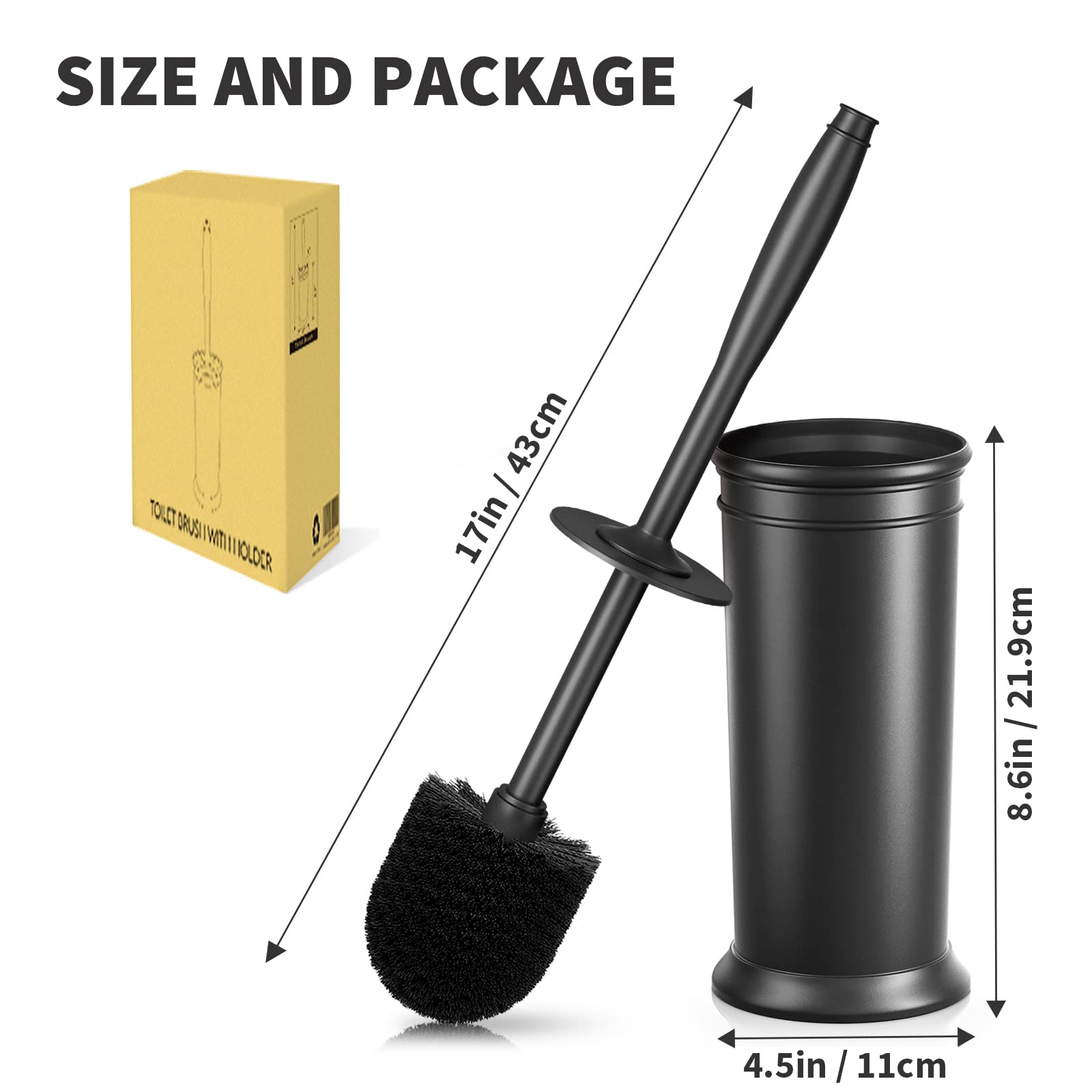 UPTRONIC Toilet Brush, Toilet Bowl Brush with Extra Long Handle Durable Bristles Toilet Scrubber and Covered Holder for Toilet Brush Set for Bathroom Cleaning (Black, 1 Set)