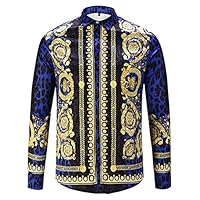 PIZOFF Mens Hipster Casual Button Down Dress Shirt Long Sleeve Luxury Gold Print Designer for Party Night Club Y1792-63-XXL