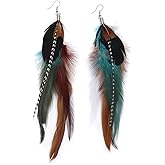 CUSTZ Handmade Natural Feather Dangle Earrings Vintage Bohemian Multicolor Pheasant Feathers Earrings for Womens (js000058)