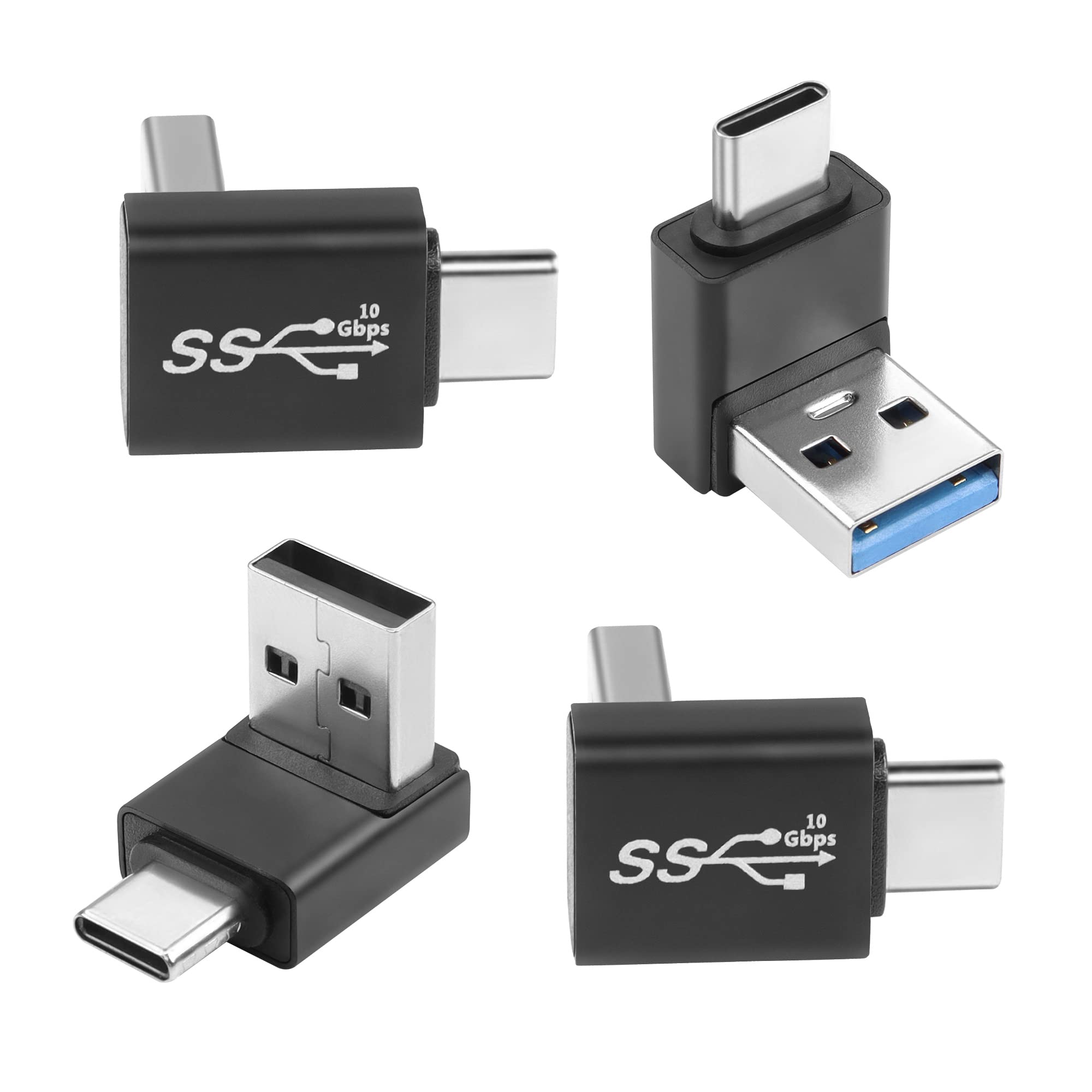 QIANRENON USB3.1 Male to USB C Male 90° Angle Adapter 10Gbps USB3.1 to USB C Charging Connector Right Angle Plug QC60W/PD15W (only A to C), for Phone Wall Charger,4Pcs(2 Up+2 Down)/Positive Bend