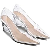 LEHOOR Women Clear Wedge Heel Pumps Pointed Toe Transparent Wedge Heels Slip On Sexy Dress Wedges Shoes Sandals Pointy Closed Toe Fashion Party Evening Wedding High Heels 3 Inch Size 8 M US