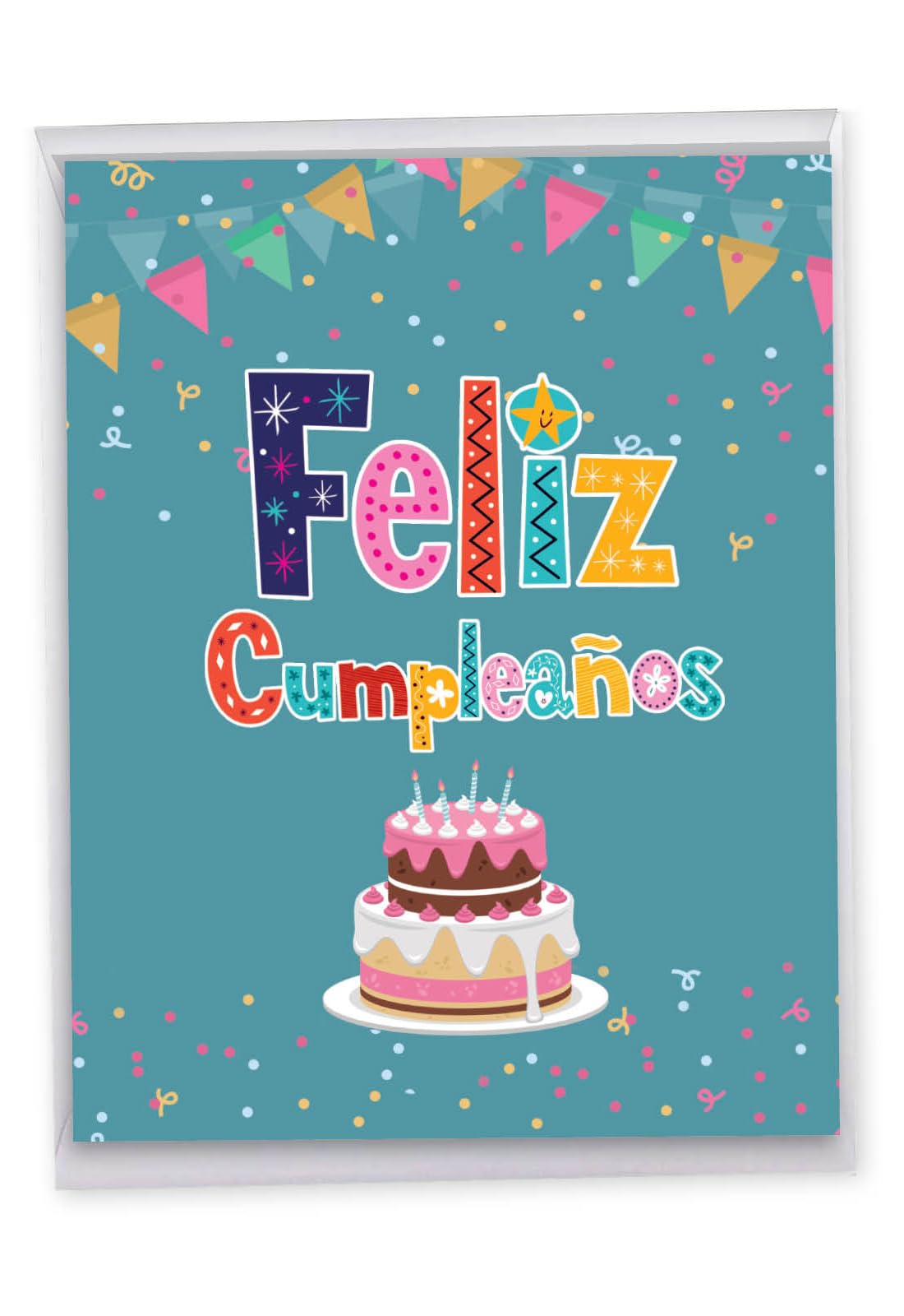 NobleWorks - 1 Big Spanish Birthday Greeting Card w/Envelope (Extra Large 8.5 x 11 Inch) - Feliz Cumpleanos Colorful Cake Design Banner, Confetti - Bday Stationery J6587BDG-SL
