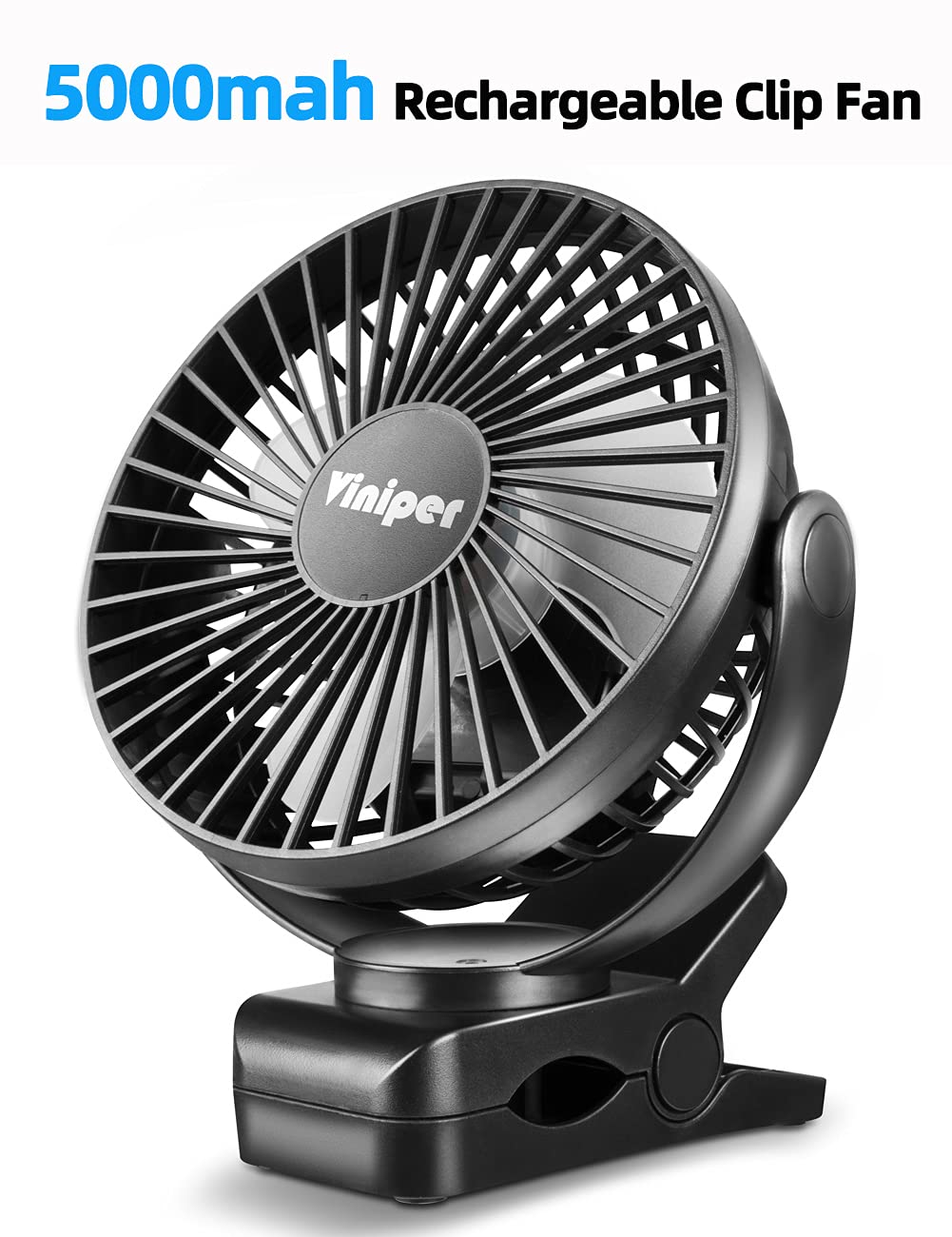 Viniper 6 inch Rechargeable Clip on Fan, 5000mah Battery Desk Fan : 360° Rotation & 3 Speeds Strong Wind Portable Fan, 8-30 Working Hours, Quiet and Powerful (Black)