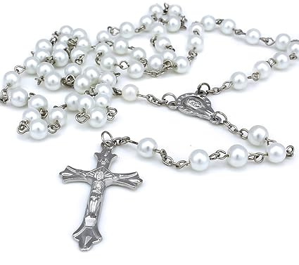 Gemini _ Mall® Weißer, langer Rosenkranz, perlen, Kreuz, Silber, Halskette, Kette, Schmuck für Damen/ Herren/ Mädchen