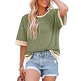 Dokotoo Womens Summer Tops Casual Oversized Short Sleeve T Shirts Crewneck Color Block Side Slit Basic Tee Blouses