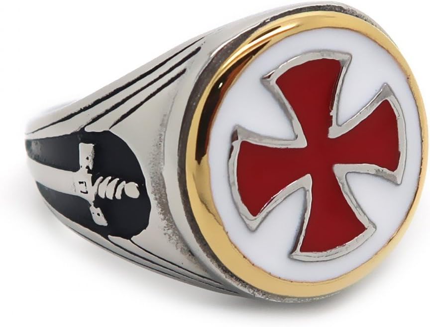 BOBIJOO JEWELRYBague Chevalière Templier Homme Acier inoxydable Argent Email Or Croix Rouge épée 16mm