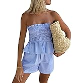 Juakoso Women Summer 2 Piece Outfits Sleeveless Ruched Bandeau Tube Top Striped Print Lounge Boxer Shorts Sexy Pajamas Set