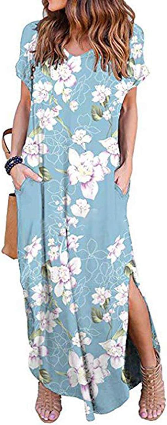 KIDSFORM Women Maxi Dress Floral Side Split Casual Loose Pockets Sundress Short Sleeve Summer Beach T-Shirt Dress