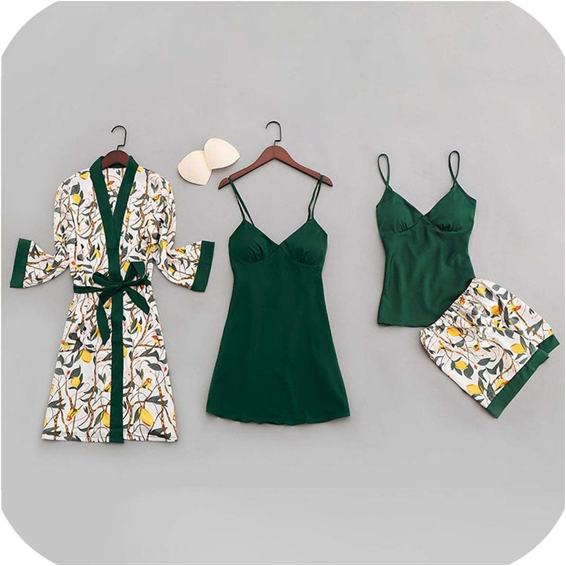 Summer Sexy Women Pajamas with Chest Pads Fashion Print Silk Women Sleepwear Four Piece Spaghetti Strap Satin Pyjamas