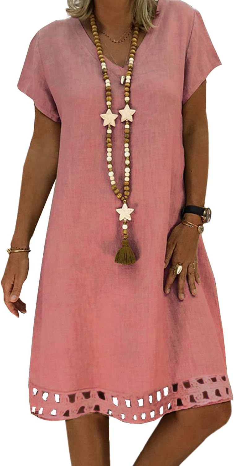Elapsy Womens Summer V Neck Hollow-Out Hem Kaftan Bikini Cover Up Casual Beach Sun Dress