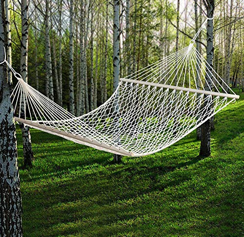 Elegant Homes Large DuraCord Rope Hammock, Quick Dry Rope Hammock with Double Size Solid Wood Spreader Bar Outdoor Patio Yard Poolside Hammock with Chains, 2 Person 450 Pound Capacity