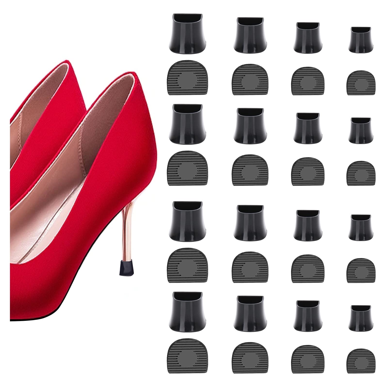 Photo 1 of 16 Pairs High Heel Protectors Stiletto Heel Repair Caps Covers & Heel Stoppers 4 Sizes High Heel Tip Covers, Noise Reducing, Slip-On Caps (16 Pairs Black)