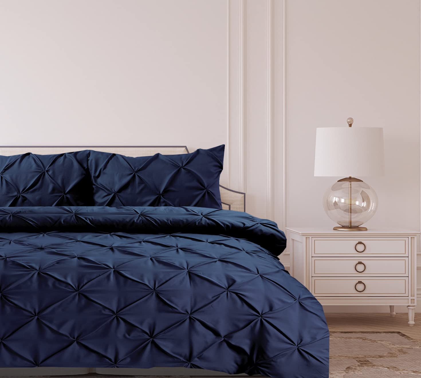 Bronwen Mathews Pintuck King Duvet Set Navy Pinch Pleat Soft Microfibre King Bed Quilt Cover with 2 Pillowcase,Easy Care Wrinkle Free King Bedding Set of 3 Pcs (Navy, King Duvet Cover Set)