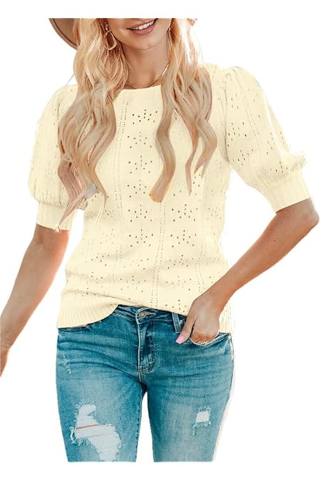 Oyamiki Womens Fashion Puff Short Sleeve Sweater Tops Round Neck Knit  Lightweight Pullover Shirts Blue : Amazon.ca: Clothing, Shoes u0026 Accessories
