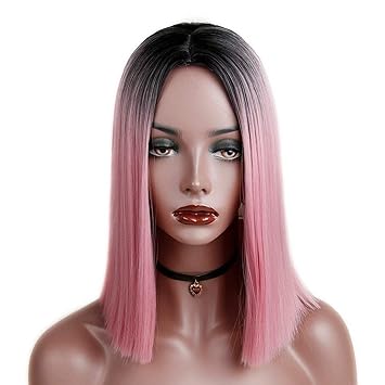 Amazon Com Ombre Pink Blonde Grey Short Straight Heat Resistant