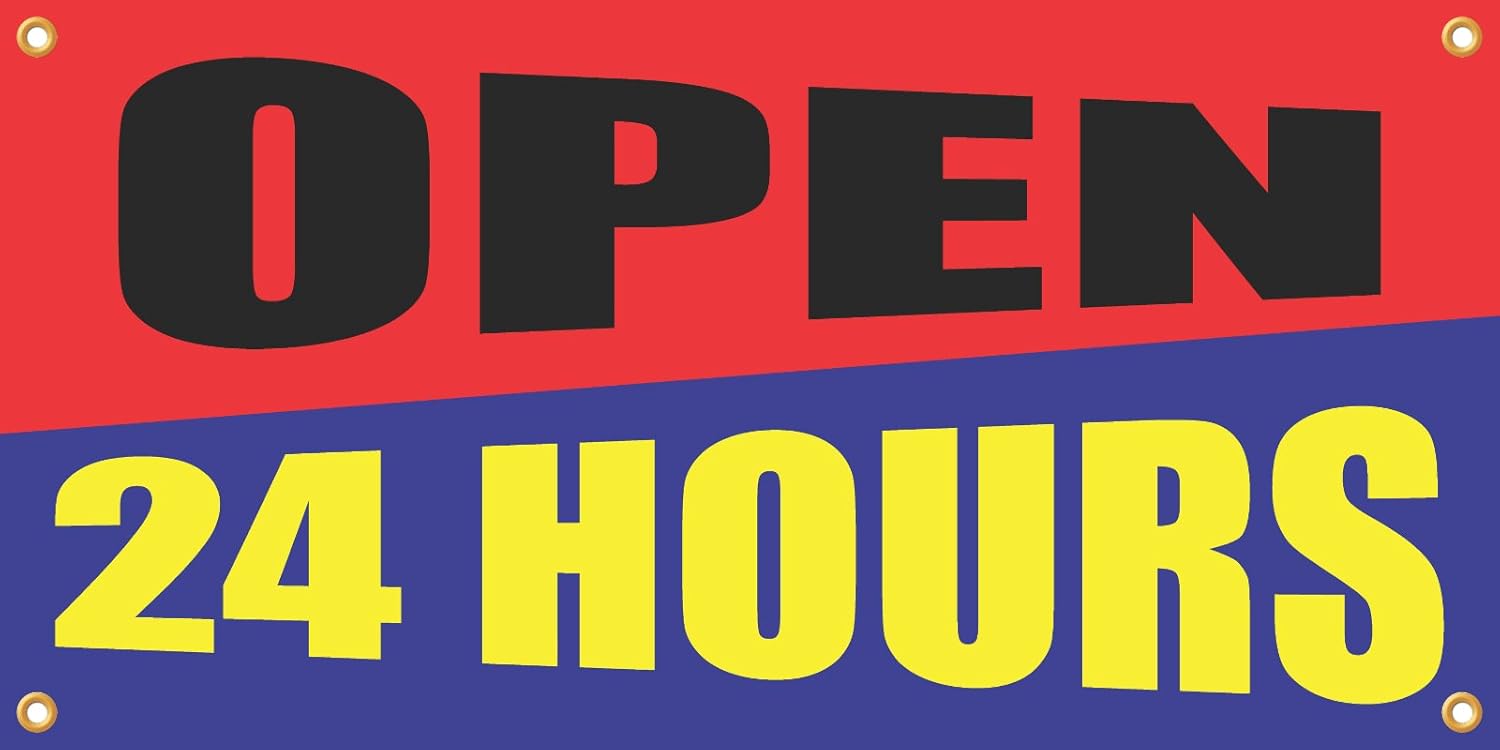 Open 24 Hours Vinyl Display Banner with Grommets, 2'Hx4'W