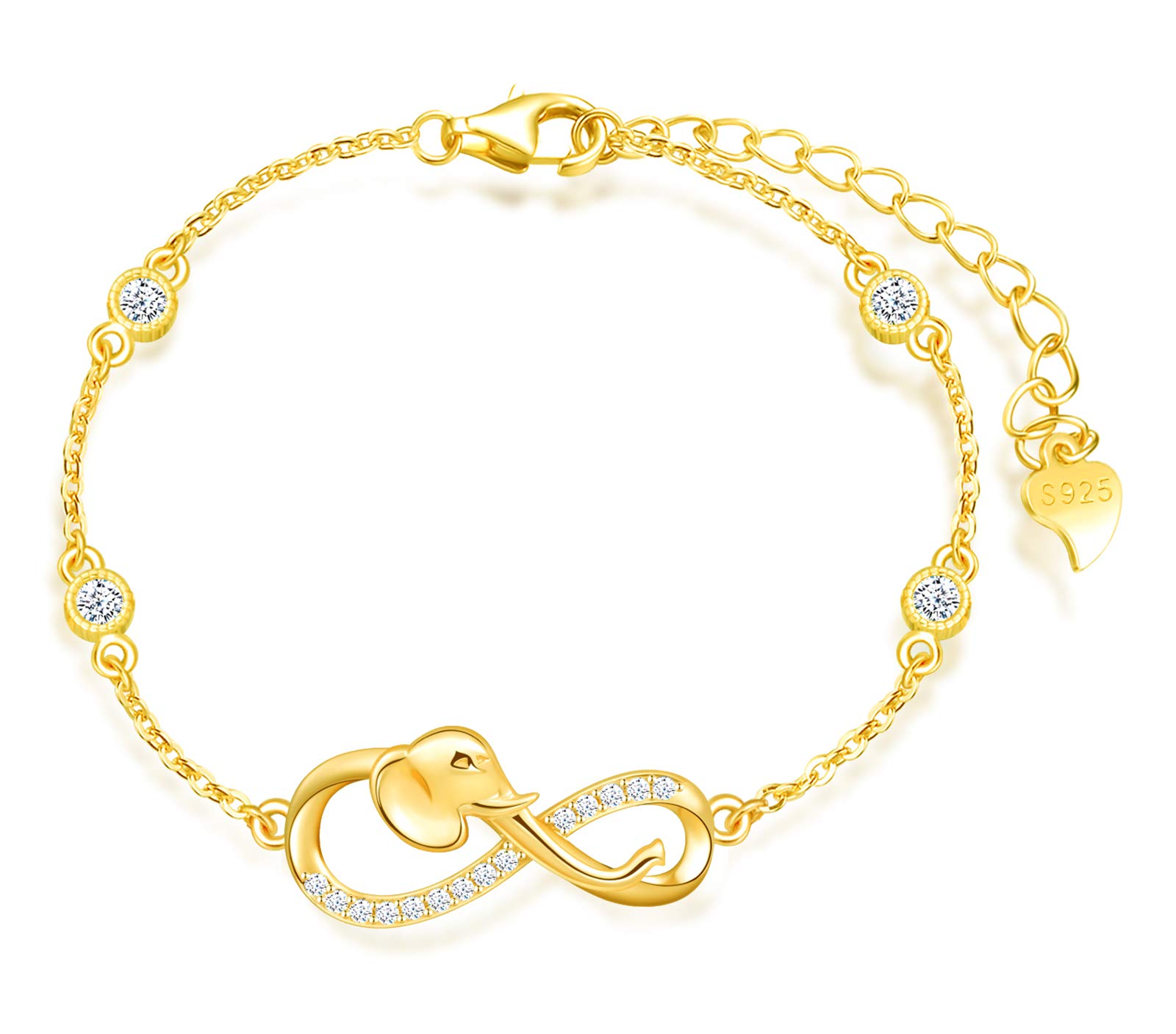 MicLee Woman's girl's Bracelet, 925 Sterling Silver bracelet, Elephant and infinity symbol bracelet, Inlaid with zircon, adjustable chain, Unique design animal bracelet, gold
