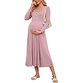 OUGES Women's Maxi Maternity Dress for Photoshoot Fall Long Sleeve Button Square Neck Baby Shower Pregnancy Dresses 2024