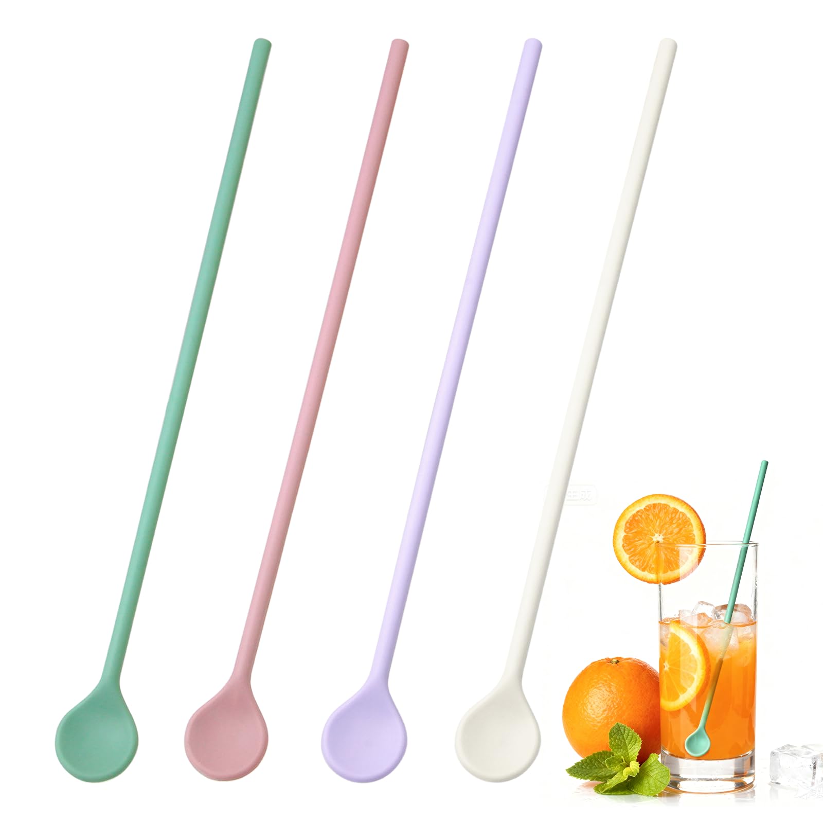 Photo 1 of 4 Pcs 10 inch Silicone Stirrer Spoons -Swizzle Stirrer Stick Multipurpose Multicolor Reusable Stirring Sticks for Cof Whiskey Beverage Formula Mixing Milk- Pastel Yellow, Purple, Pink, Green
