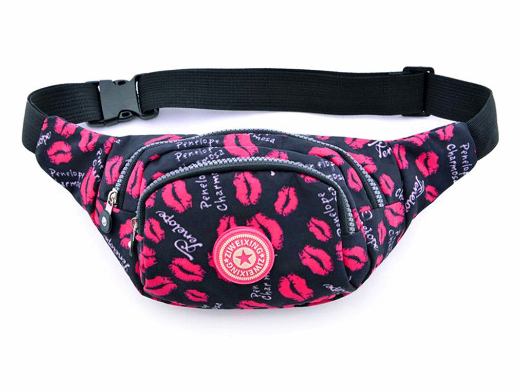 Cygoshop Women's Portable Outdoor Sport Hiking Waist Pack Bum Bag Travel Pouch Waist Pocket (Black with red lips)