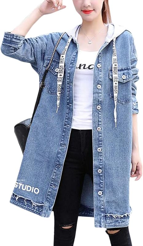 Amazon Yyq Shop デニムコート レディース フード付き コート デニム ロング丈 トレンチコート ゆったり ジャケット カジュアル Bf風 アウター 春 ファッション コート ジャケット 通販