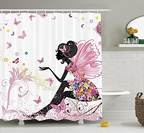 Pink Butterfly Girl with Floral Dress Flower Design Fairy Angel Wings Fae Home Accent Soft Colors Modern Designer Feminine Decor Dreamy Folklore Shower Curtain Black White