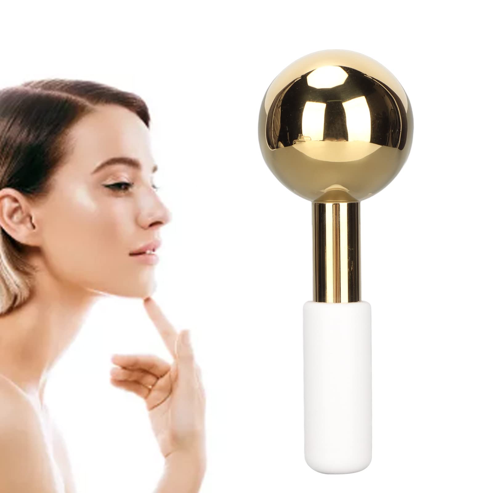 Facial Ice Globes, Gold Stainless Steel Ball Face Roller Anti Age Skin Soothing Reduce Irritation Depuff Inflammation Reduce Puffiness,Tighten Skin(White Handle)