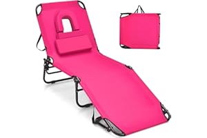 GYMAX Tanning Chair, 350lbs Beach Lounge Chair with Face Hole, Washable Pillow & Carry Strap, Adjustable Folding Chaise Lounge, Layout Chair for Outside, Patio, Poolside, Lawn (1, Pink)