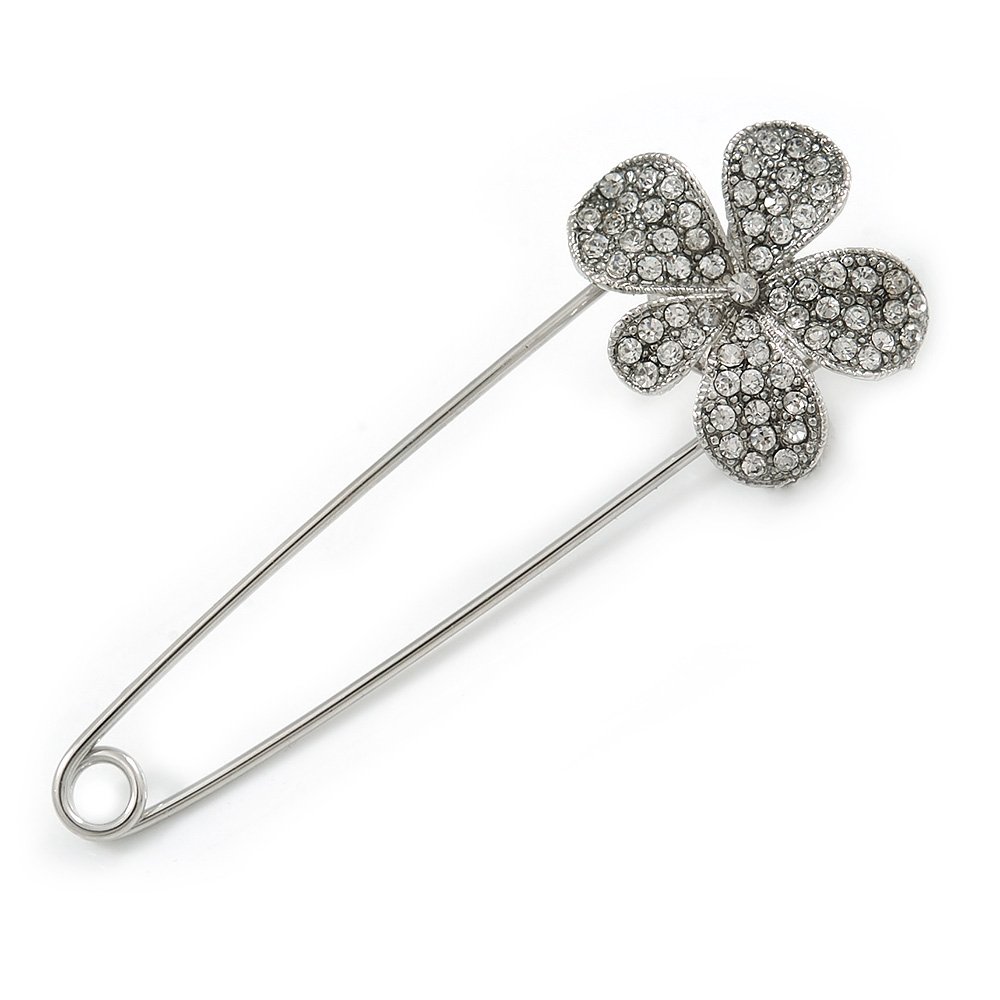 Silver Plated Clear Crystal Safety Pin Brooch With Flower Motif - 80mm L