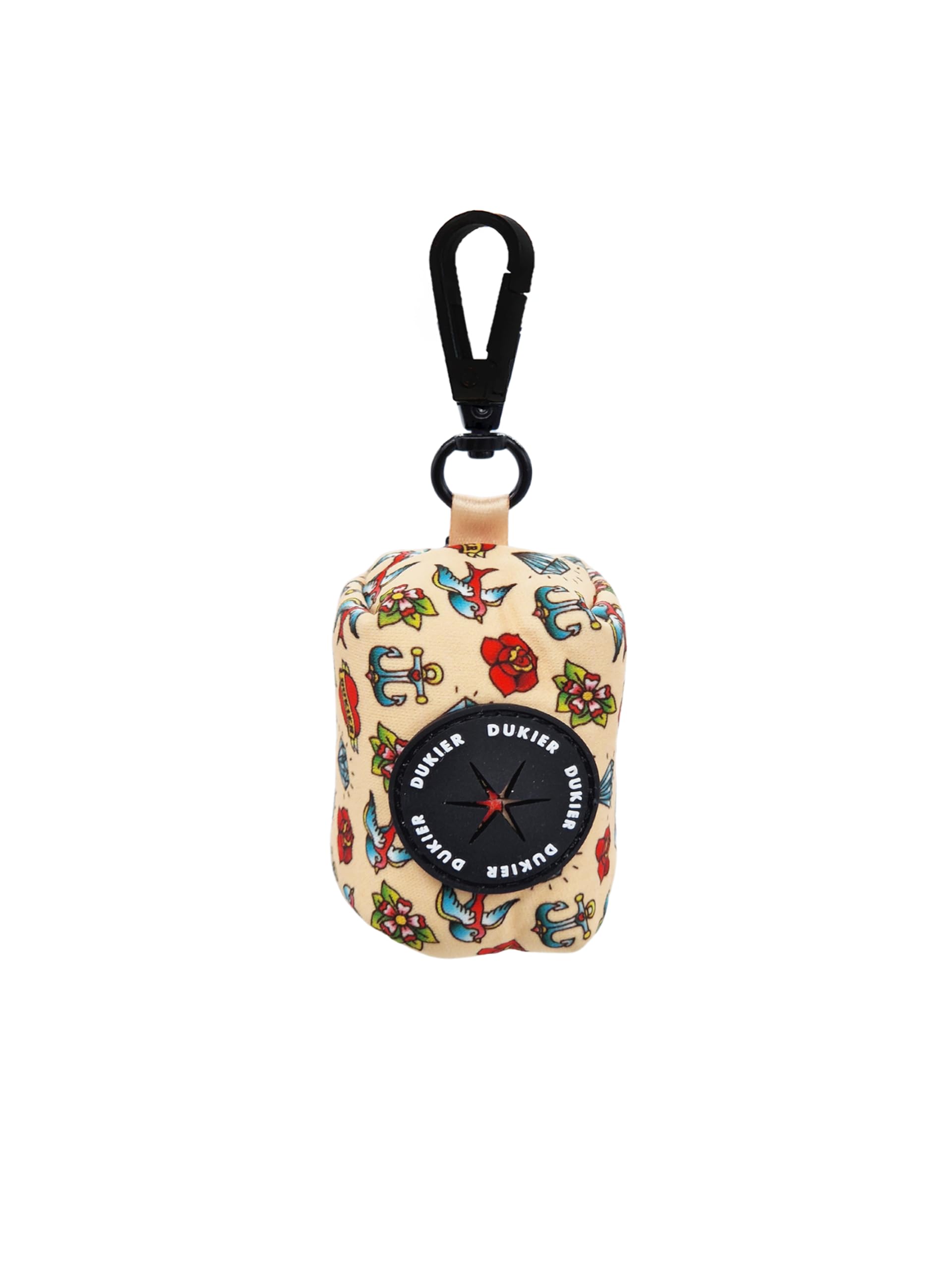 DUKIER - Dog Poop Bag Dispenser, Fabric Pet Bag Holder, Accessory with Carabiner, Tattoo Design