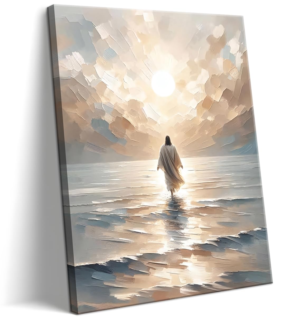 Jesus Walking on Water Canvas Wall Art, Christian Bible Stories Wall Decor Paintings, Jesus Walks on