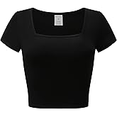 OThread & Co. Women's Short Sleeve Square Neck Crop Top Basic Comfy Stretch Tee