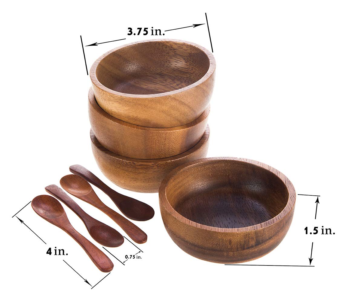 BestySuperStore Small Round Wood Bowls 4 Pcs 3¾" Diameter 1½" High Stackable Acacia Wooden Bowl Set with 4 spoons for serving salad salsa dip sauce snack cereal fruit Decor Tableware Side Dish Sets - Image 2