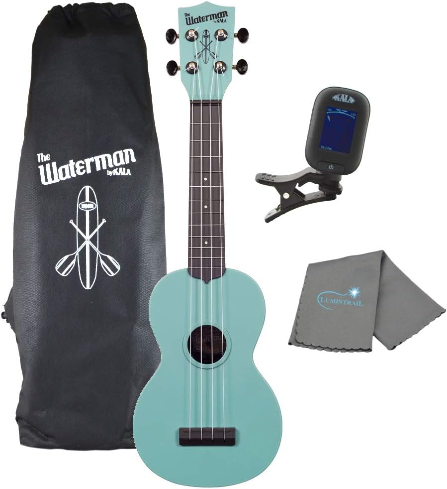 Kala Glow-in-the-Dark Aqua Matte Soprano Waterman Ukulele KA-SWG-BL Bundle with a Kala Tuner and Lumintrail Cleaning Cloth
